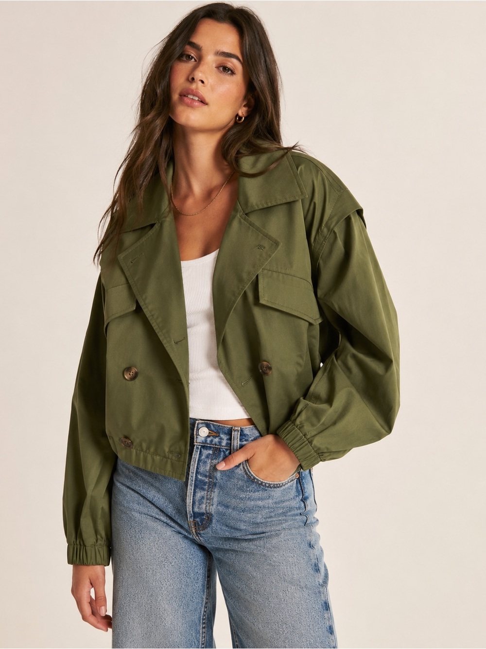 Free People Olive Green Cropped Utility Trench Jacket NWOT Large
